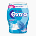 A single container of Wrigley's Extra Strong Mint chewing gum on a plain white background. The packaging is predominantly blue and white with a purple 'Wrigley's' logo and a blue mint leaf graphic.