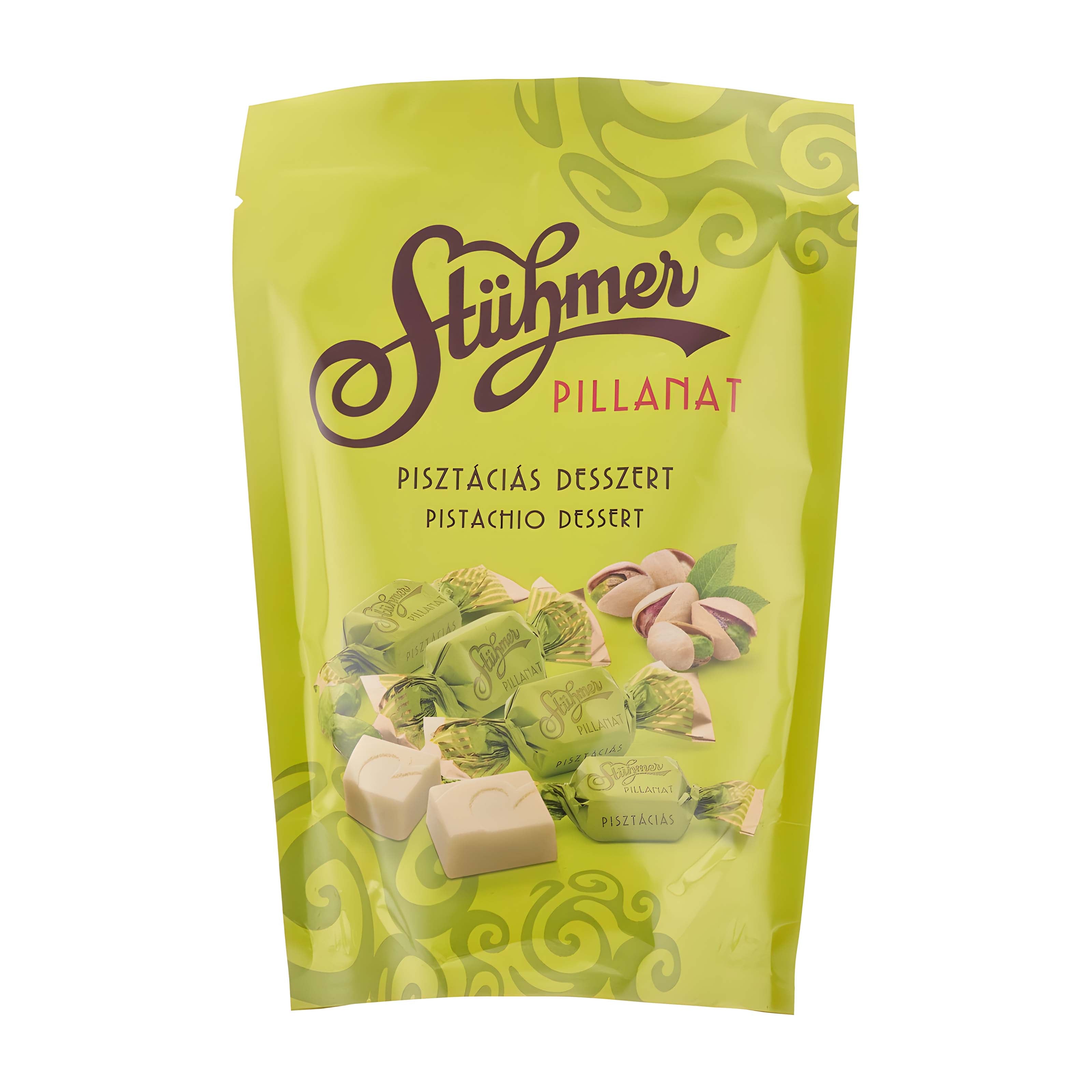 Green packaging of Stühmer pistachio dessert on a white background