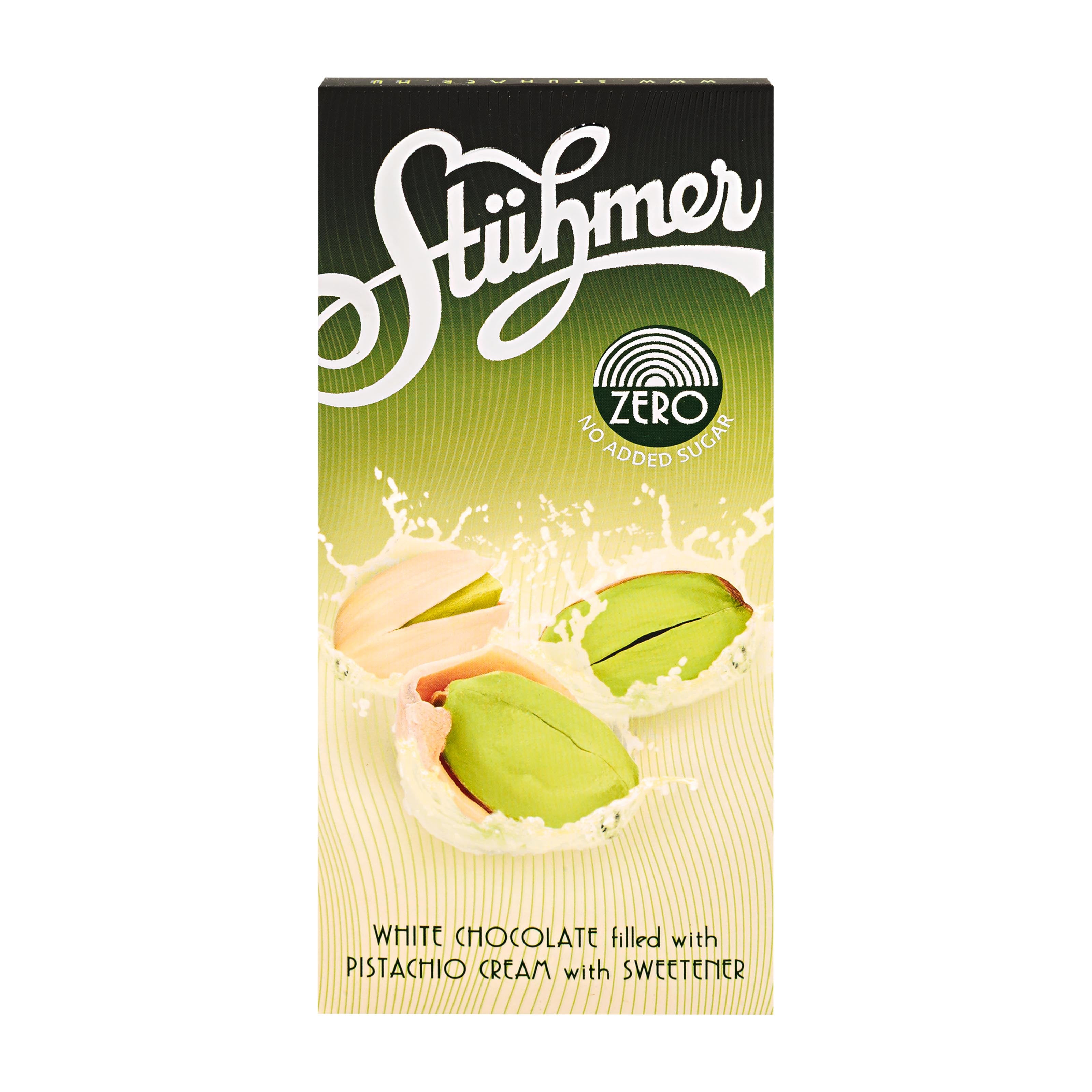 Stühmer Zero No Added Sugar Pistachio White Chocolate Bar packaging on a white background.
