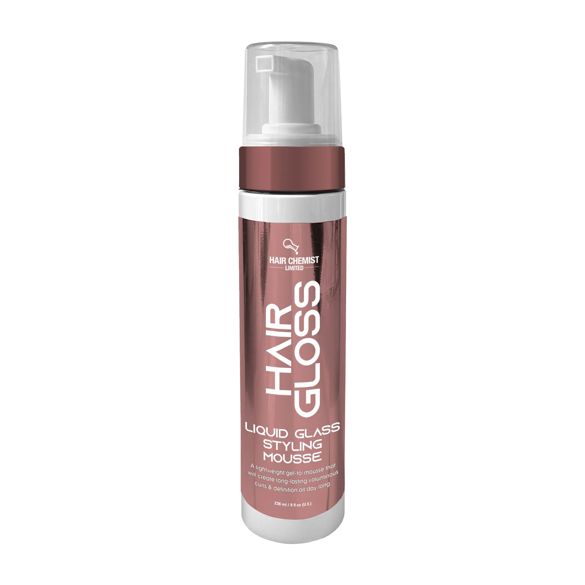 Hair Chemist Hair Gloss liquid glass styling mousse bottle on a white background