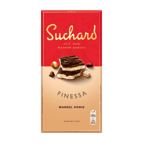 Suchard Finessa Almond Honey dark chocolate bar packaging with red and beige design.