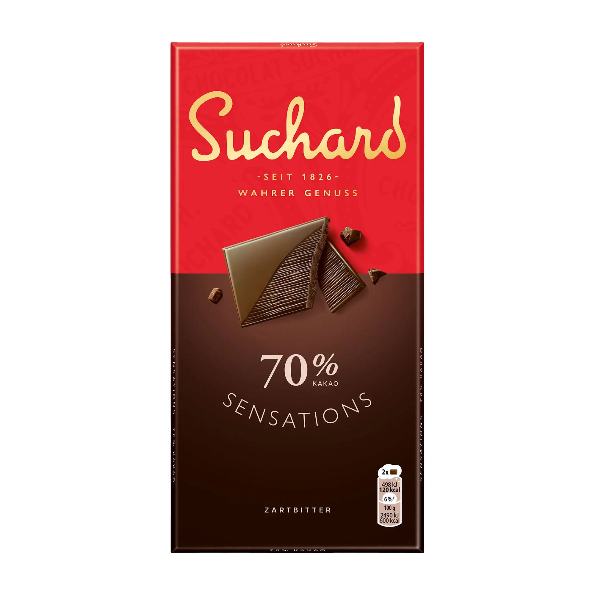 Suchard Sensations 70% dark chocolate bar packaging with red and brown design on a white background