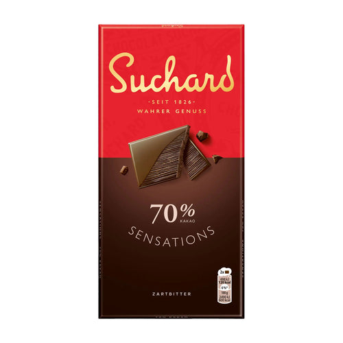 Suchard Sensations 70% dark chocolate bar packaging with red and brown design on a white background
