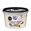 Container of Organic Shop Blueberry Coconut Frozen Yogurt sugar body scrub on a white background
