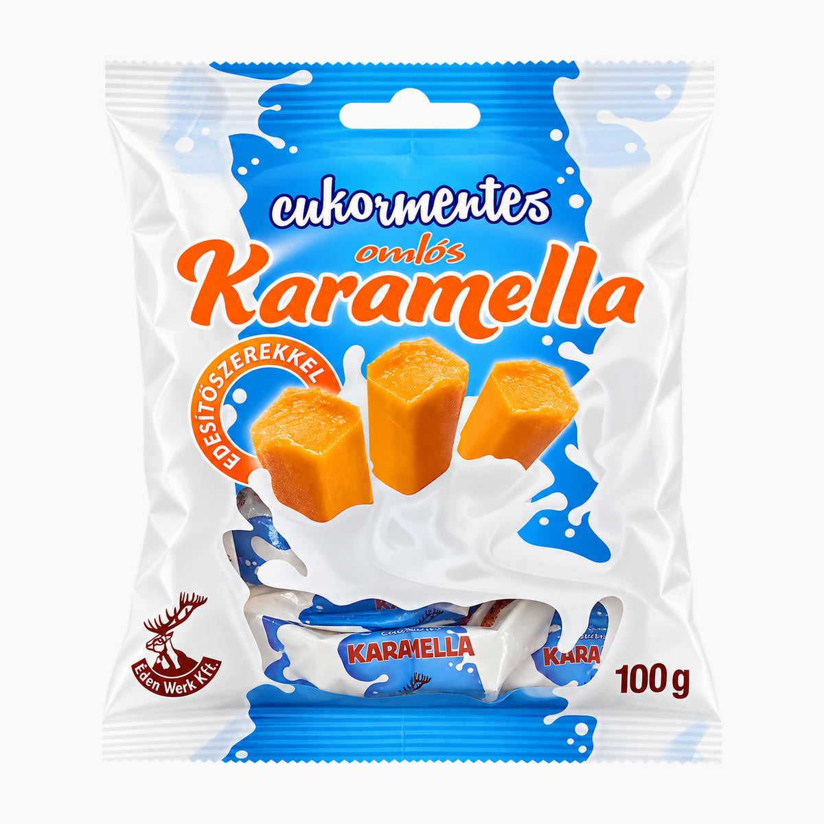 A 100g bag of Eden Werk Sugar Free Toffee, featuring a white and blue wrapper with illustrations of three orange caramel candies and a milk splash graphic.