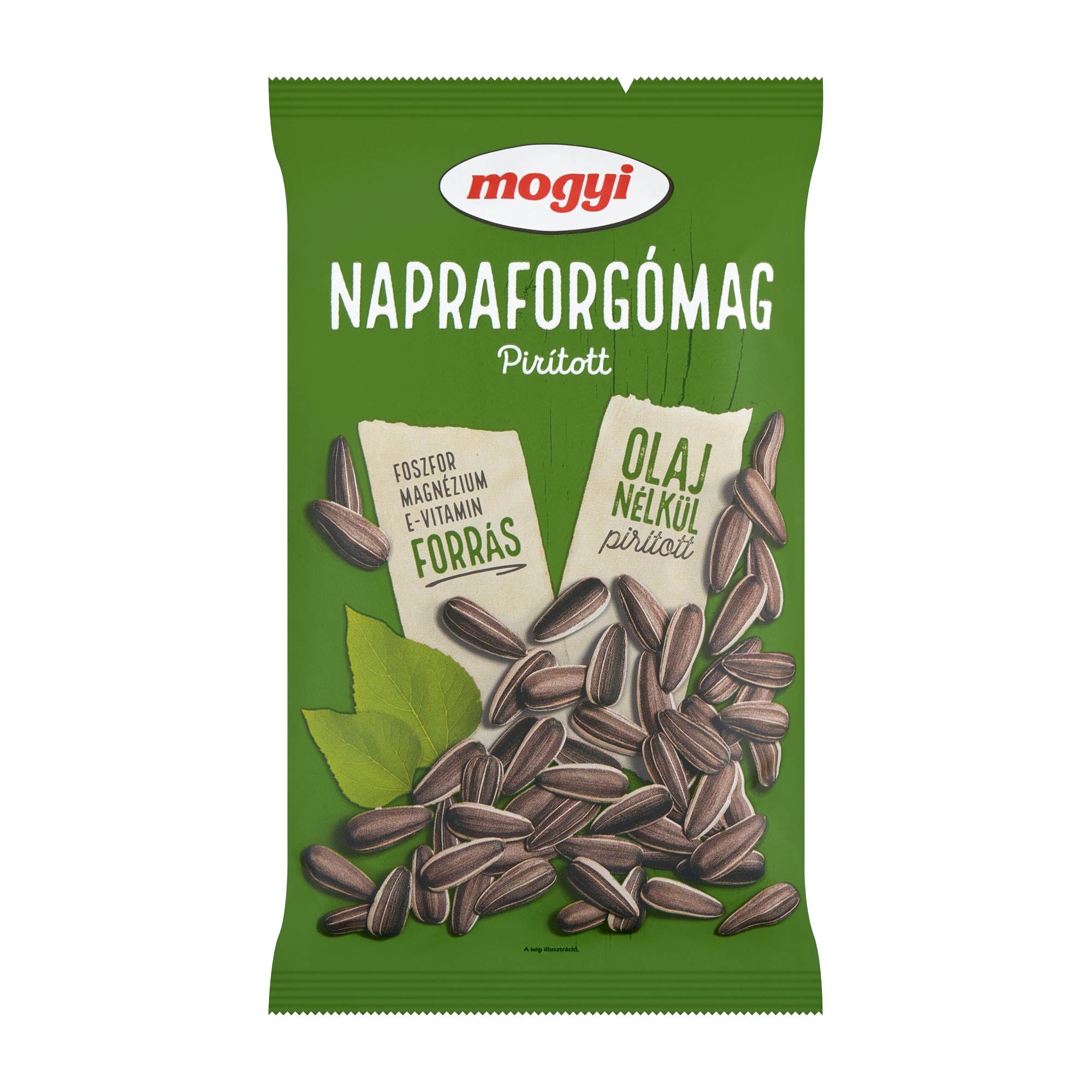Packaging of Mogyi roasted sunflower seeds showing the product in-shell with a green background and the brand's logo.