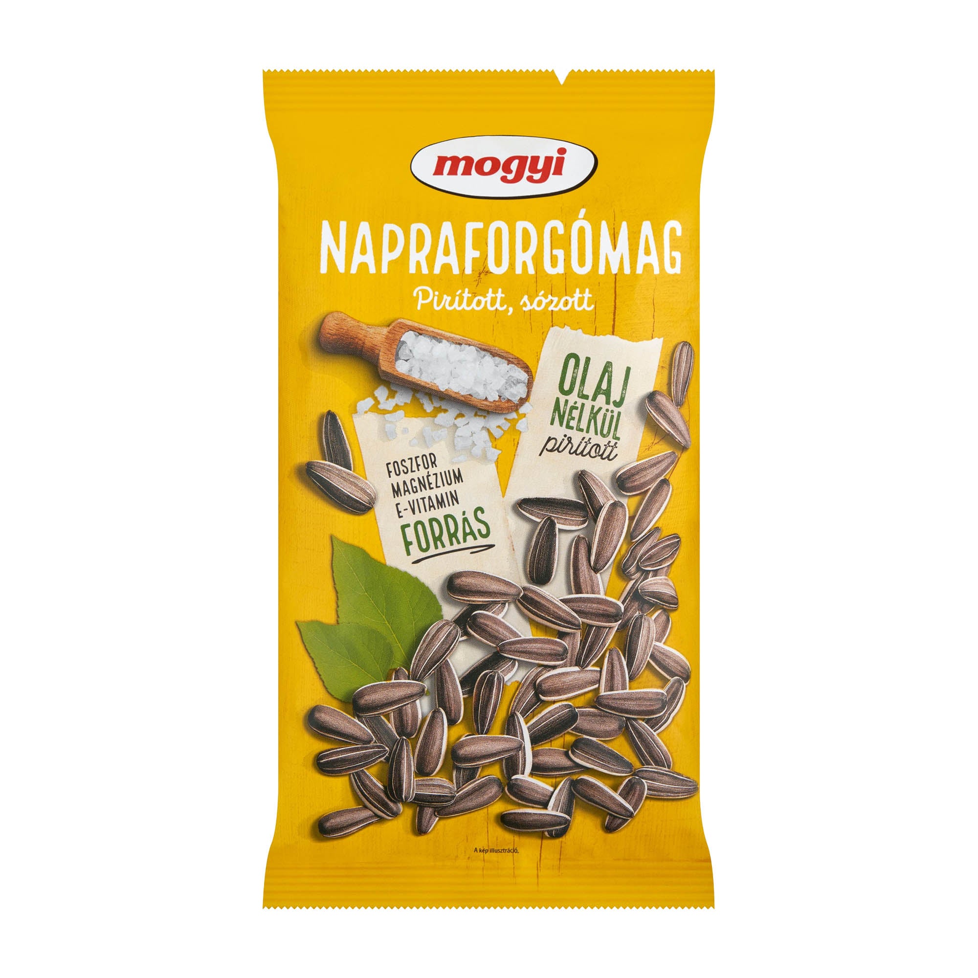 Packaging of Mogyi roasted salted sunflower seeds showing the product in-shell with a yellow background and a graphic of a sprinkle of salt on the seeds.