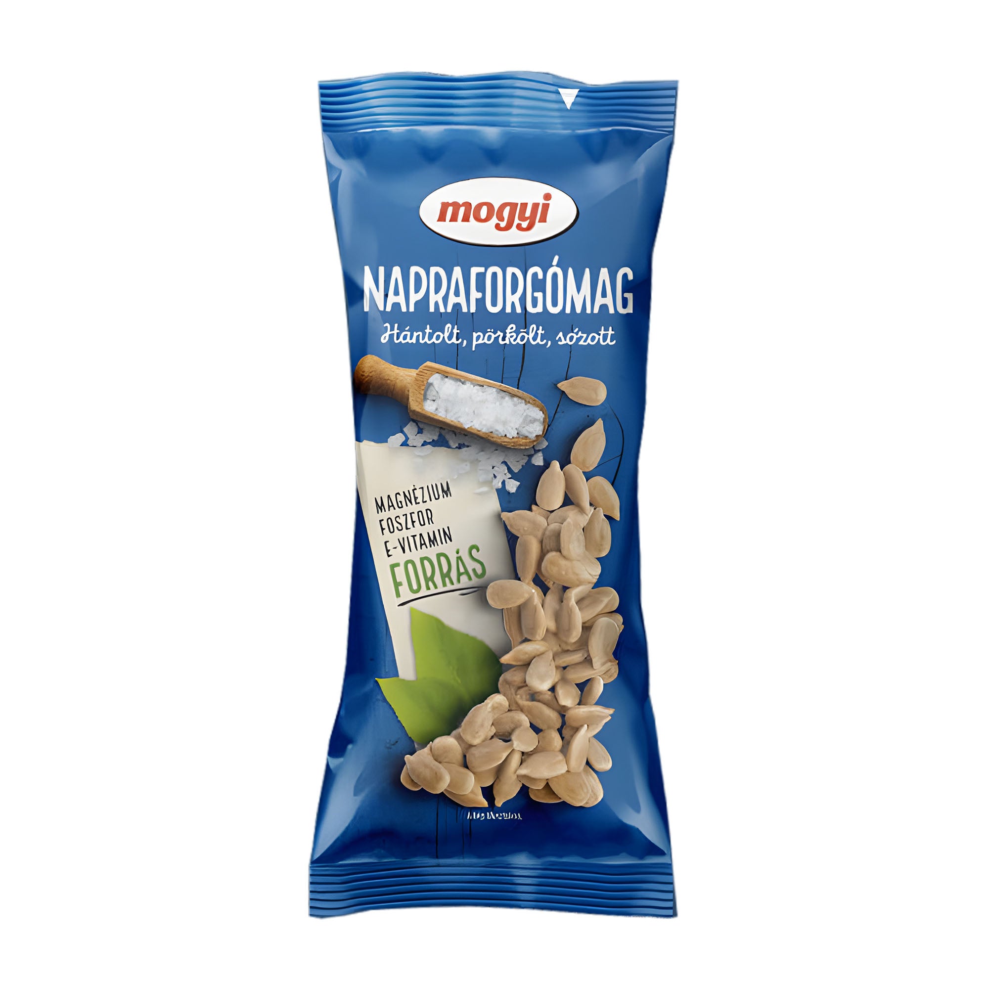 Packaging of Mogyi hulled roasted salted sunflower seeds showing the product and the brand's logo.