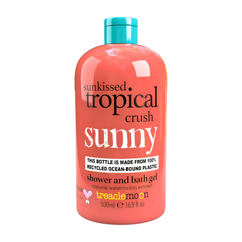 Shower and bath gel bottle labeled 'sunkissed tropical crush' by treaclemoon on a white background