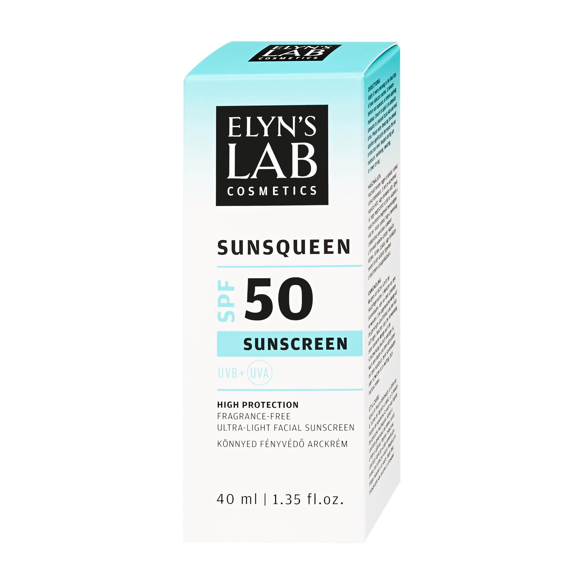 Elyn's Lab Crème solaire visage ultra-légère Sunsqueen SPF 50, 40 ml