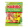 Haribo Super Cucumber gummy candy package with a cartoon character on a white background