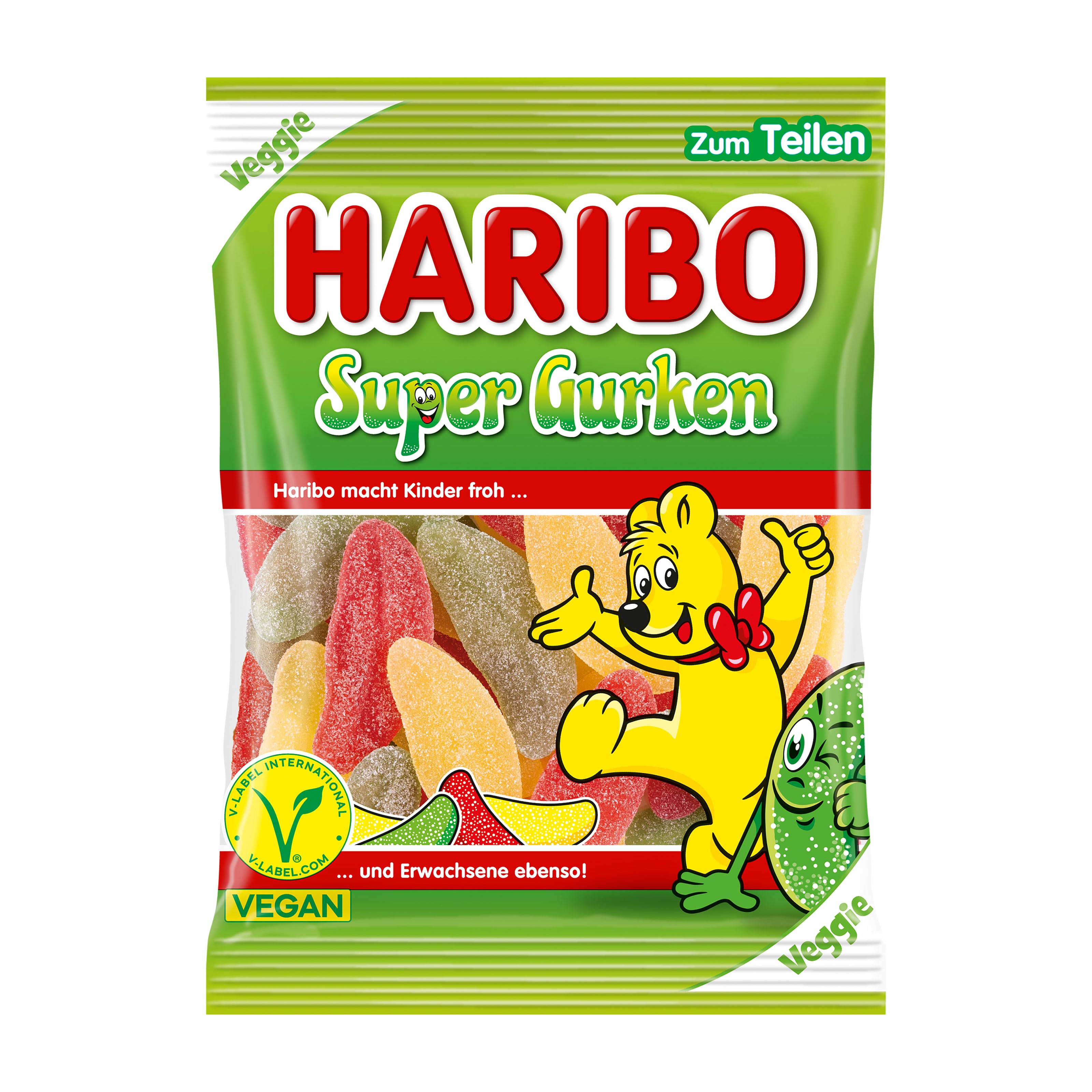 Haribo Super Cucumber gummy candy package with a cartoon character on a white background