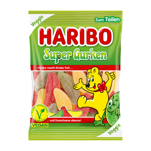 Haribo Super Cucumber gummy candy package with a cartoon character on a white background