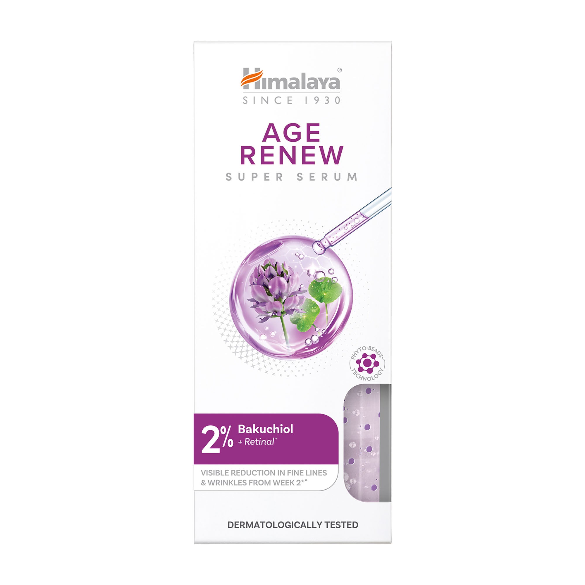 Himalaya Age Renew Super Serum skincare box packaging, featuring a white background with purple and orange branding, a dropper graphic, and a window showing the purple serum inside.