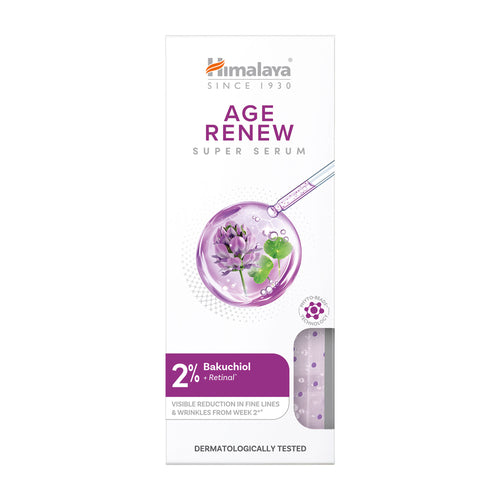 Himalaya Age Renew Super Serum skincare box packaging, featuring a white background with purple and orange branding, a dropper graphic, and a window showing the purple serum inside.