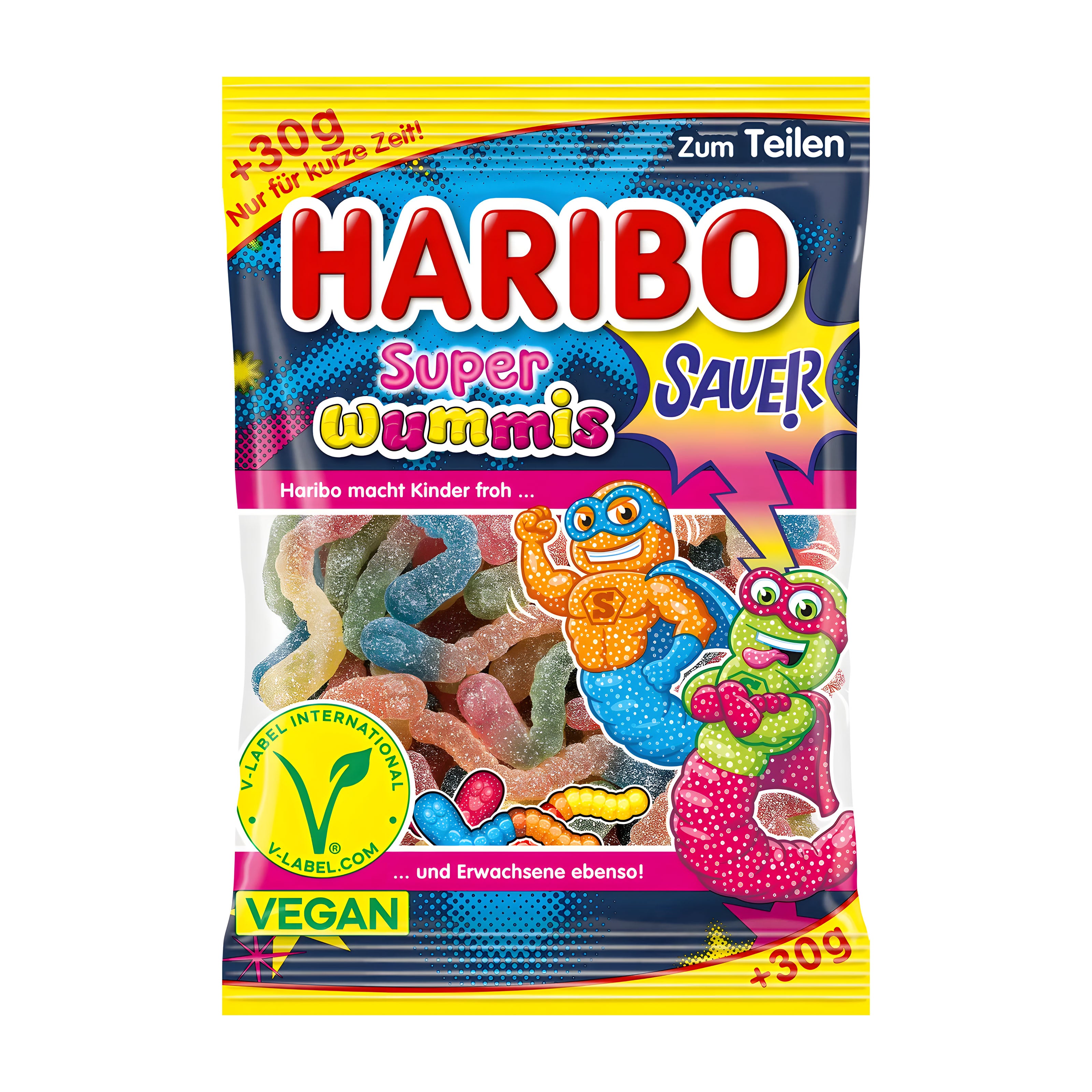 Haribo Super Wummis 205g gummy candy package with cartoon characters on a white background