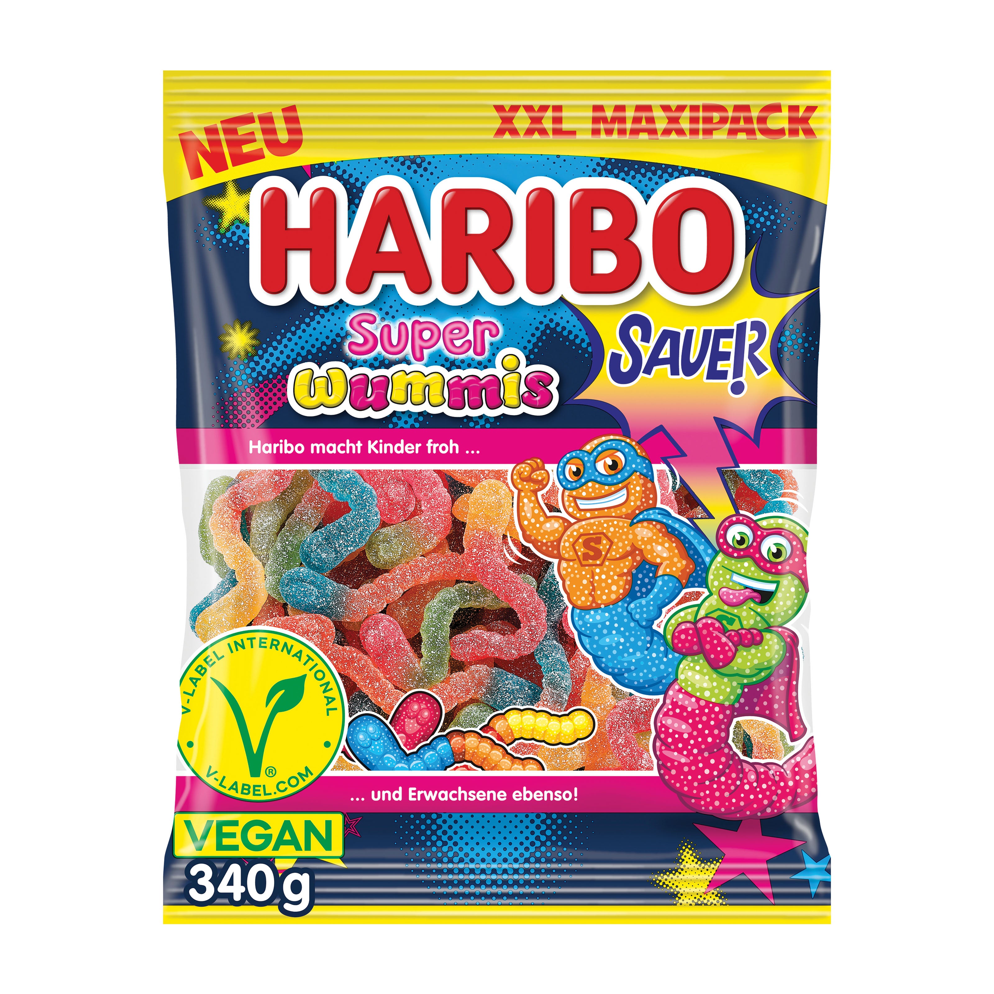 Haribo Super Wummis gummy candy 340 g XXL package with colorful design and text.