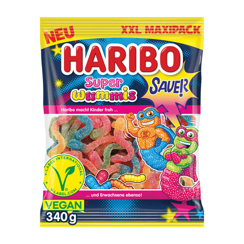 Haribo Super Wummis gummy candy 340 g XXL package with colorful design and text.