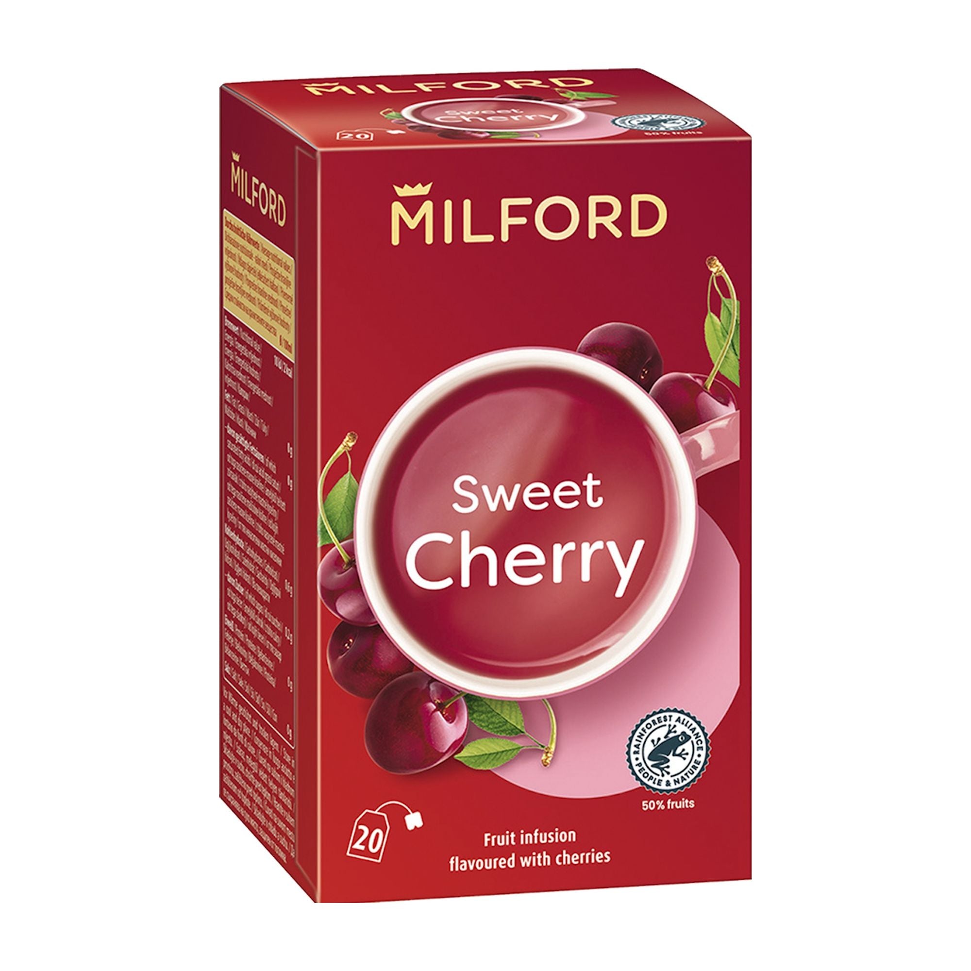 A box of Milford Sweet Cherry fruit tea with a visual of cherries and a cup on the front.