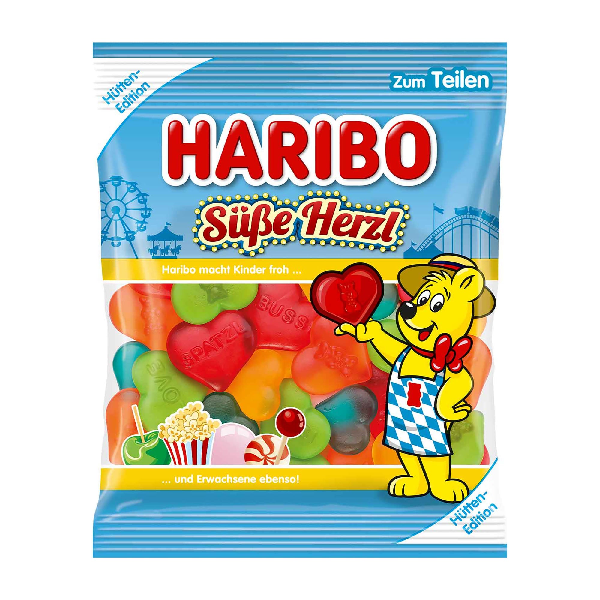 Haribo Sweet Hearts gummy candy package with a bear character holding a heart and colorful gummy bears.