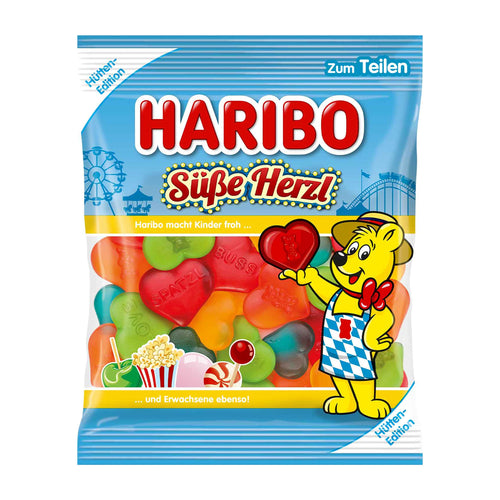 Haribo Sweet Hearts gummy candy package with a bear character holding a heart and colorful gummy bears.