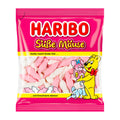 Packaging of Haribo Sweet Mice, showing pink and white marshmallows visible through the transparent front of the pink bag, with cartoon mice and characters on the packaging.