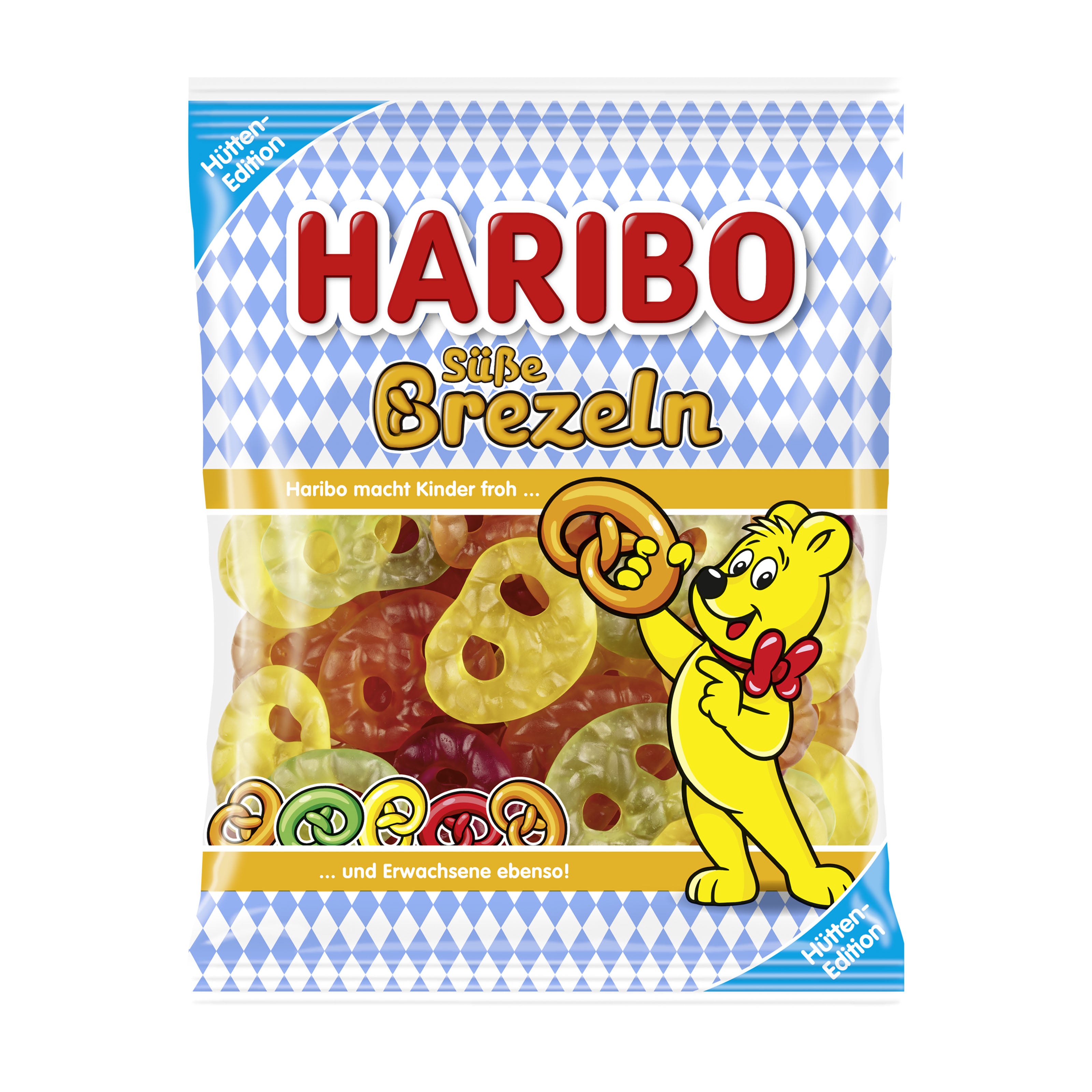 Haribo Sweet Pretzels gummy candy package with a cartoon bear holding a pretzel, on a white background
