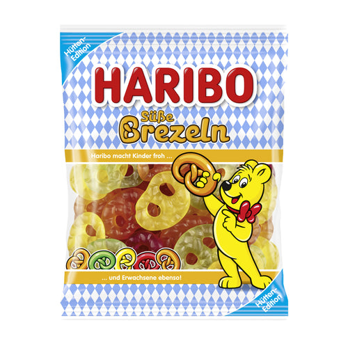 Haribo Sweet Pretzels gummy candy package with a cartoon bear holding a pretzel, on a white background