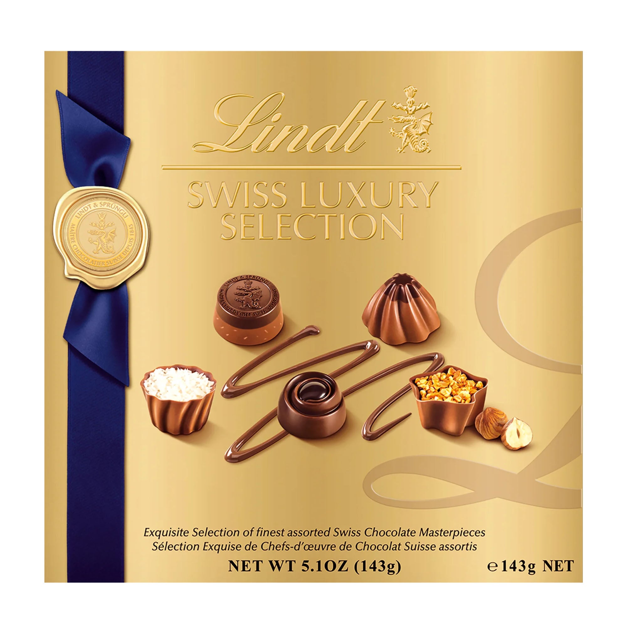A box of Lindt Swiss Luxury Selection pralines, featuring an assortment of chocolate masterpieces including milk, dark, and white chocolate pralines with decorative toppings, presented on a golden background with a blue ribbon.