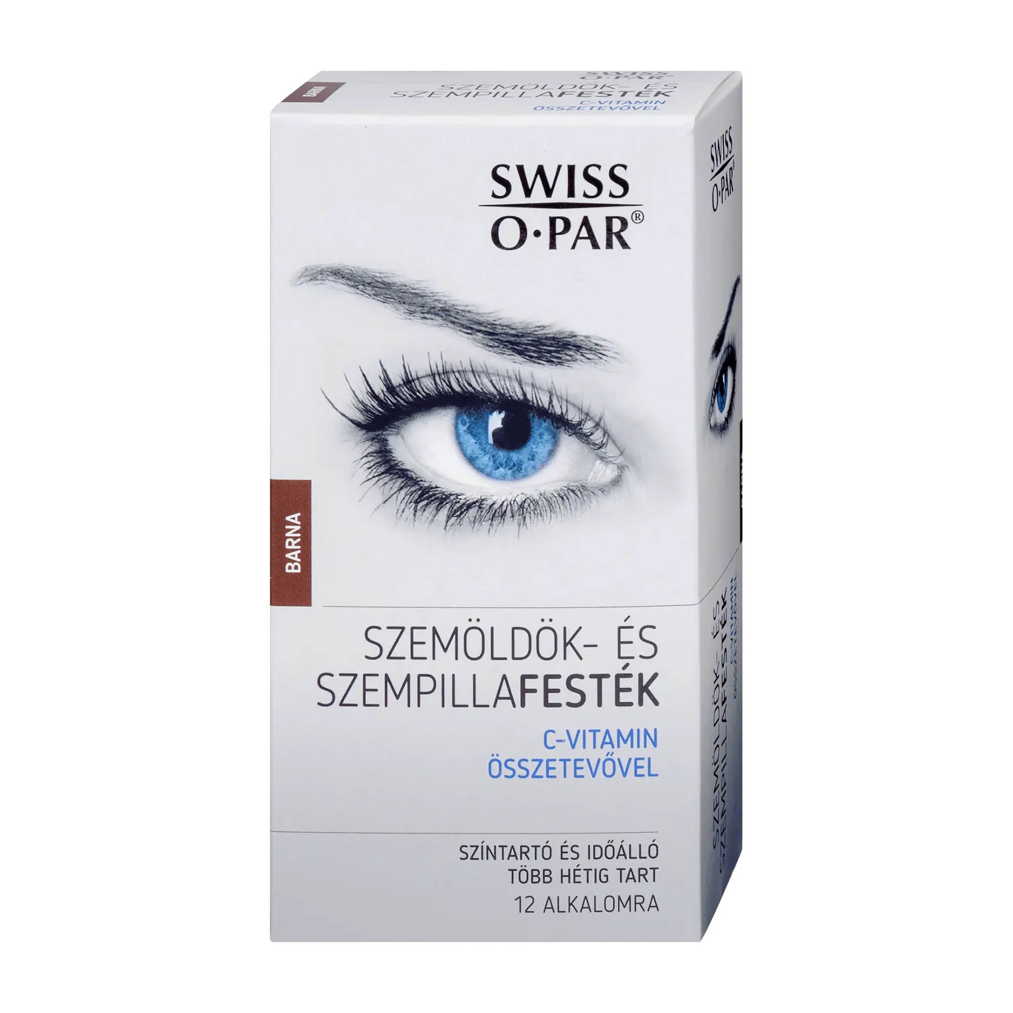 Packaging of Swiss O Par Eyebrow & Eyelash Tint in brown, featuring an image of an eye to represent the product use.