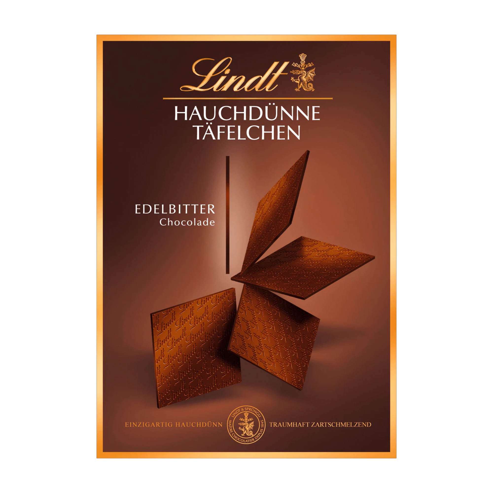 Packaging of Lindt Swiss Thins Dark Chocolate Bars showing the product name and an image of a thin dark chocolate bar.