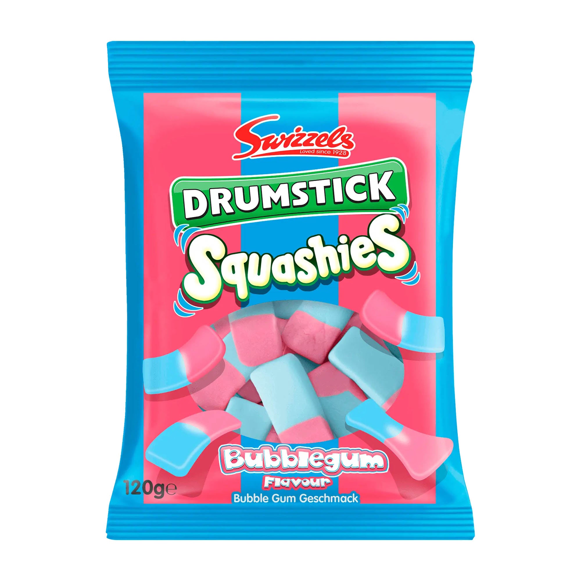 A package of Swizzels Drumstick Squashies bubblegum foam sugar, showing pink and blue candy pieces, with a label indicating 'Bubblegum Flavor' and the weight '120g'.