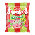 A package of Swizzels Squashies Drumstick sour cherry & apple foam candy, showing the candies in red and green colors against a bright background.