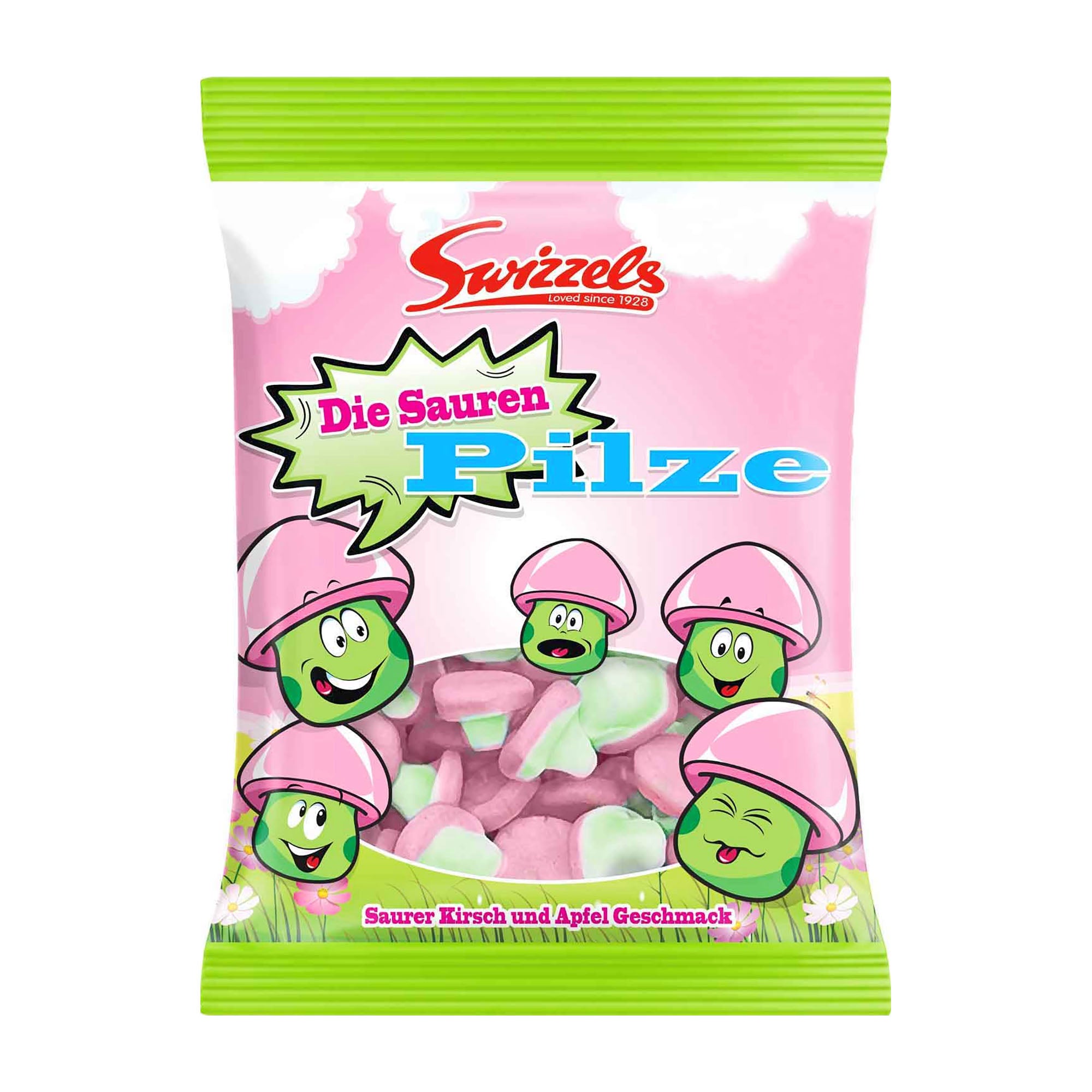Packaging for Swizzels Sour Mushrooms foam sugar candies, showing the product name and cute mushroom-shaped candies with sour fruit flavor.