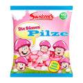 A bag of Swizzels Sweet Mushrooms foam sugar, featuring cartoon mushrooms with faces on the packaging.