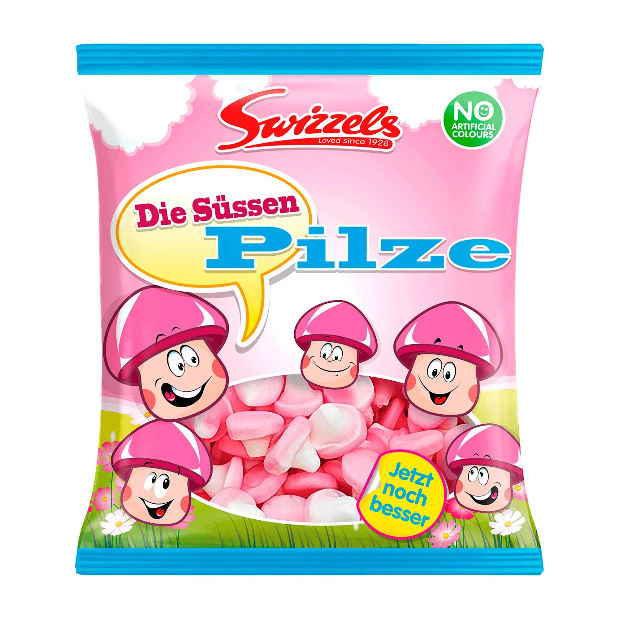 A bag of Swizzels Sweet Mushrooms foam sugar, featuring cartoon mushrooms with faces on the packaging.