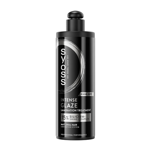 Plastic bottle of Syoss Intense Glaze Lamination Treatment on a white background