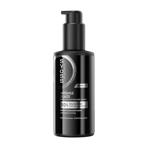 Pump bottle of Syoss Intense Glaze Hight Concentration Hair Serum on a white background