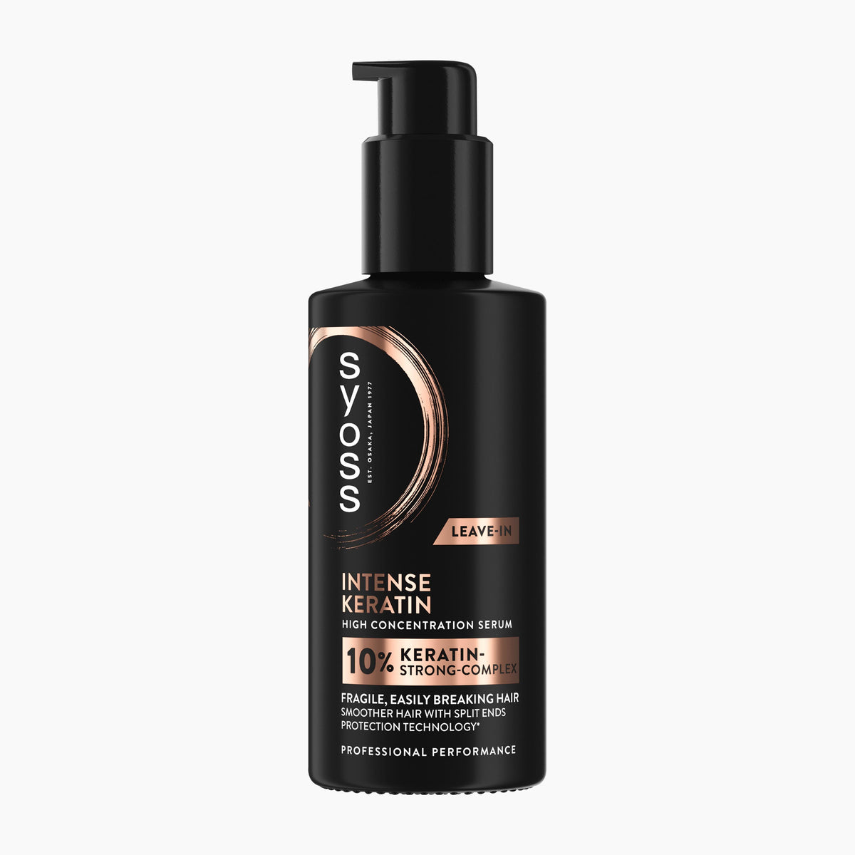 A black pump bottle of SYOSS Intense Keratin Leave-In hair serum on a clean white background.