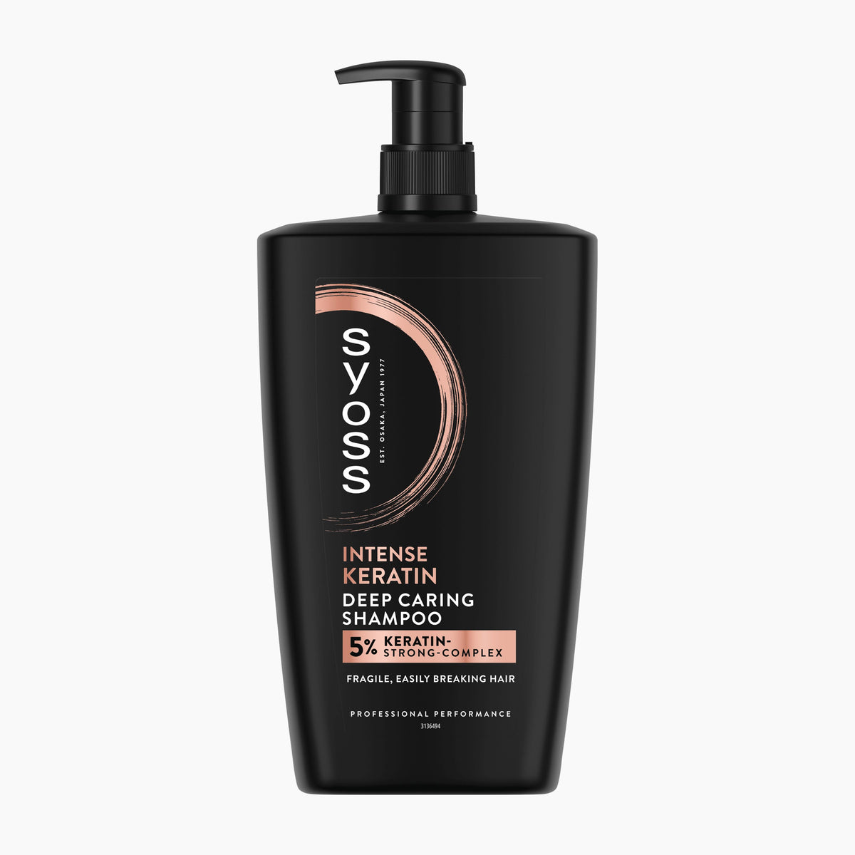 A 1000ml 1L black pump bottle of syoss Intense Keratin Deep Caring Shampoo against a light gray background.