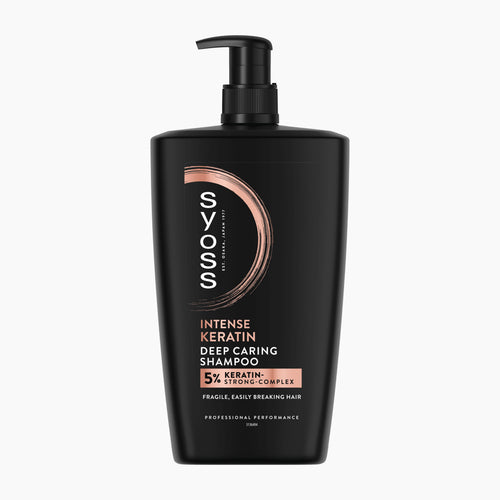 A 1000ml 1L black pump bottle of syoss Intense Keratin Deep Caring Shampoo against a light gray background.