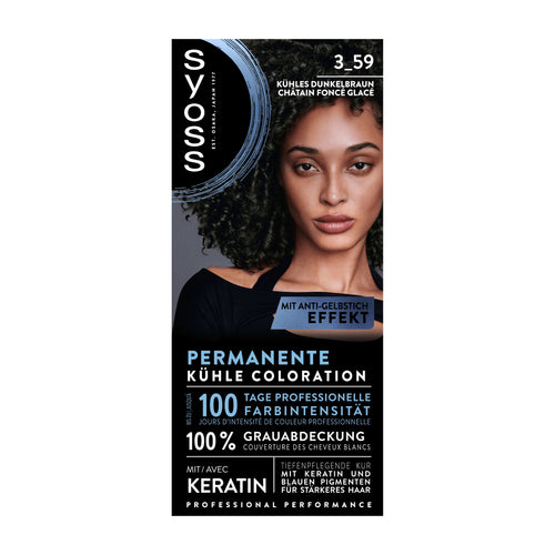 Syoss 3_59 Cool Dark Brown permanent hair dye packaging with a model and product details on a white background