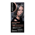 Packaging of Syoss 4_15 Dusty Chrome permanent color hair dye with a picture of a woman showcasing the hair color.