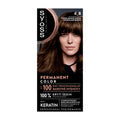 A packaging of Syoss 4_8 Chocolate Brown permanent hair color with a picture of a woman showcasing the product. The packaging is predominantly black and copper with text detailing the product features.
