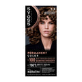 A bottle of Syoss Professional 5_8 Hazelnut Brown Permanent Color hair dye with a picture of a woman showcasing the product.