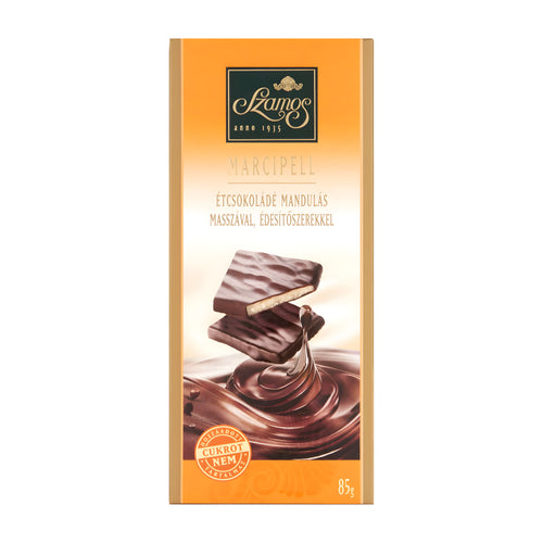 Szamos dark chocolate bar packaging with stacked chocolate bars and brand logo on a white background