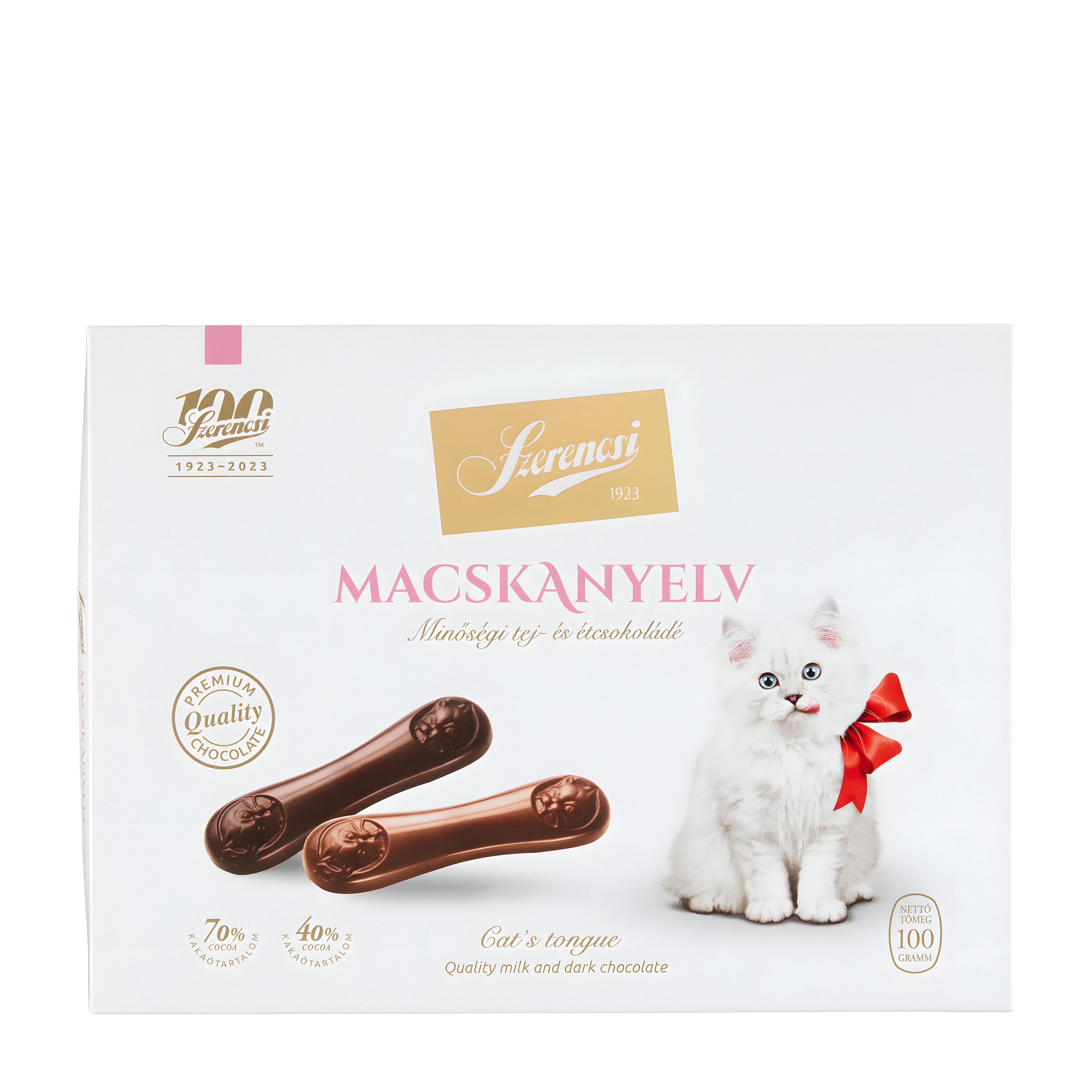 Szerencsi Cat's Tongue milk and dark chocolate packaging with a cat illustration on a white background