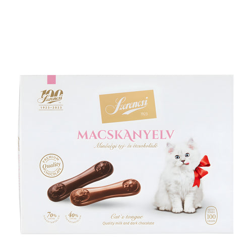 Szerencsi Cat's Tongue milk and dark chocolate packaging with a cat illustration on a white background