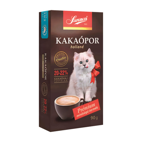 Szerencsi Dutch cocoa powder packaging with a cat and coffee cup on a white background