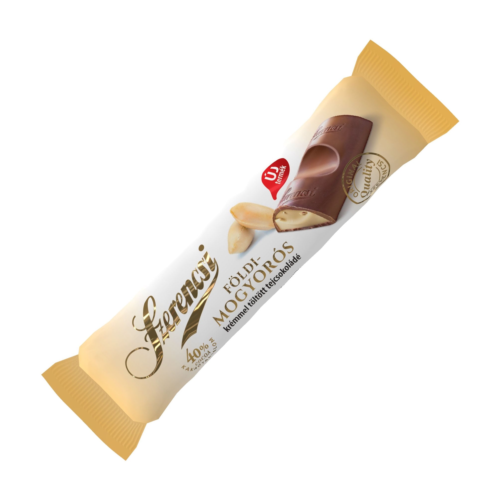 Szerencsi Peanut Cream milk chocolate bar with packaging on a white background
